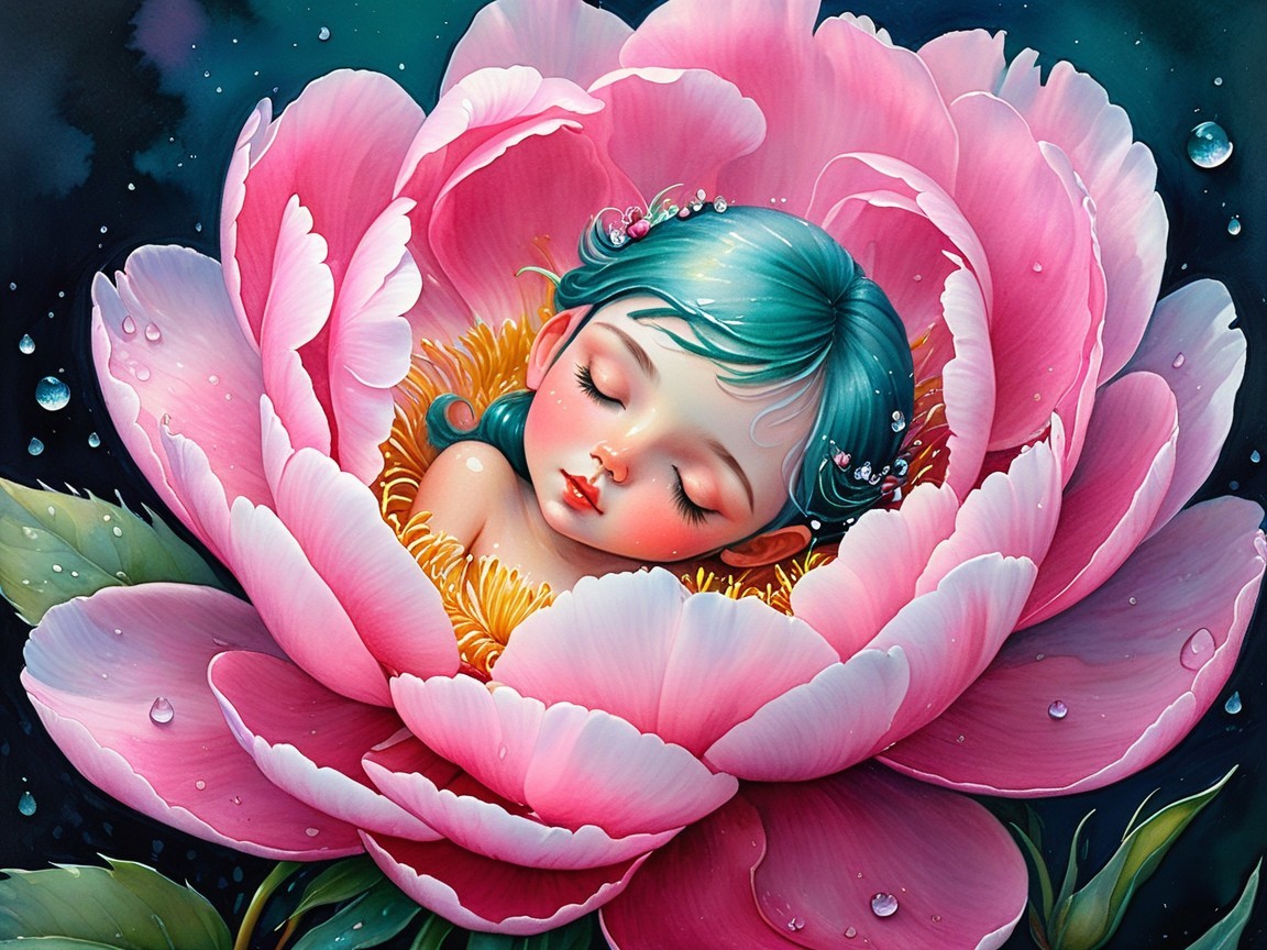 Child Sleeping in a Pink Peony with Water Droplets
