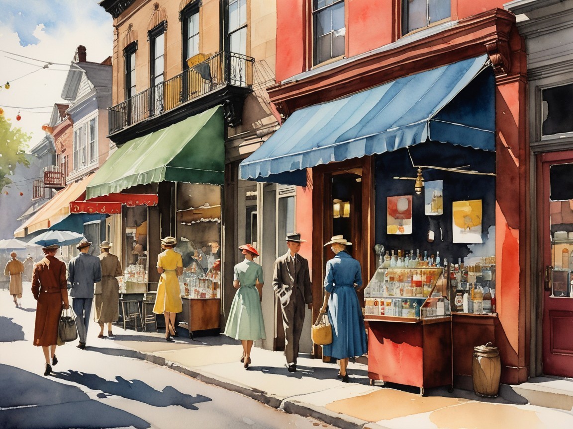 1940s Bustling Town Street Scene with Storefronts