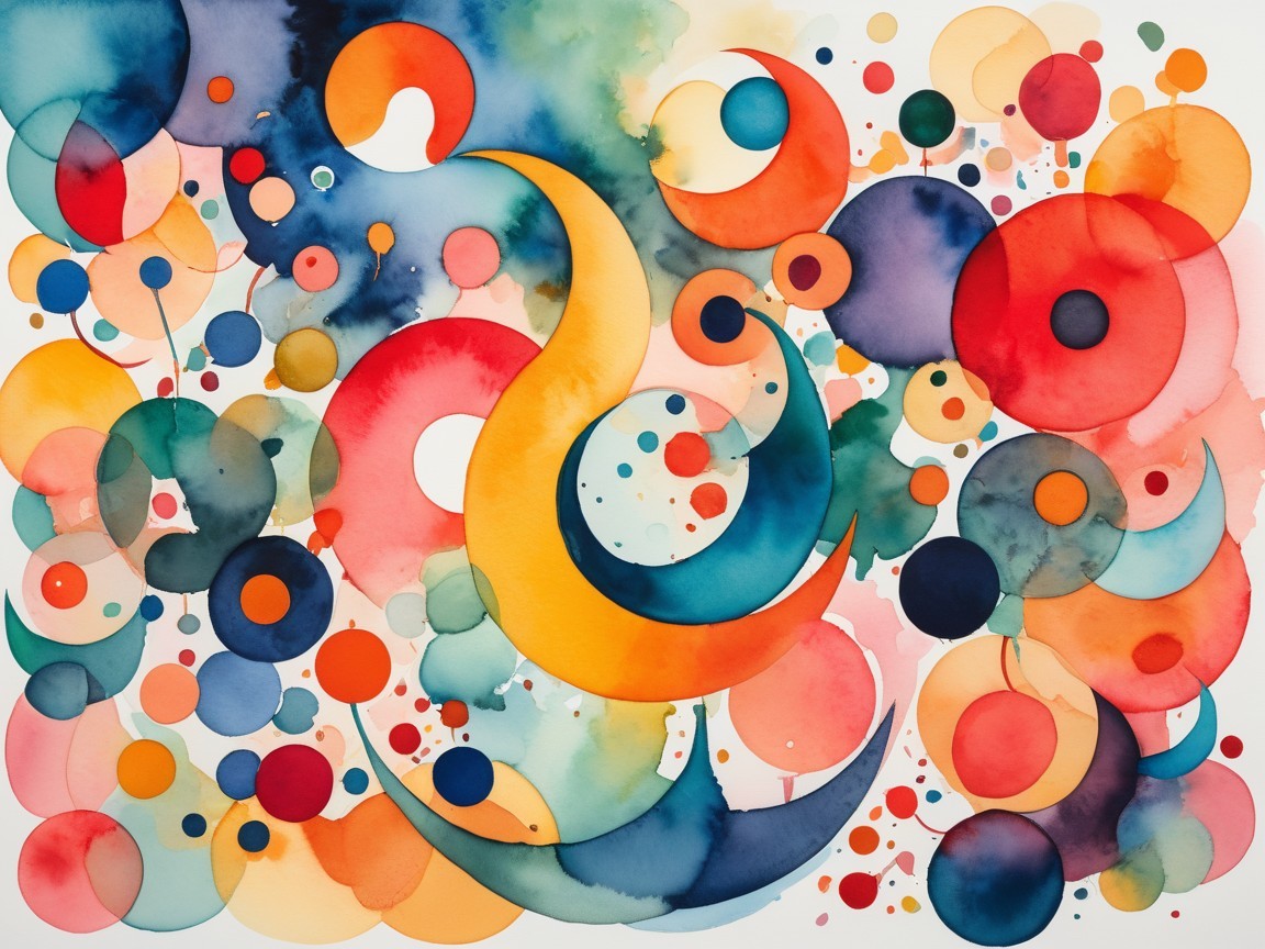 Vibrant Abstract Watercolor Composition with Swirls and Circles