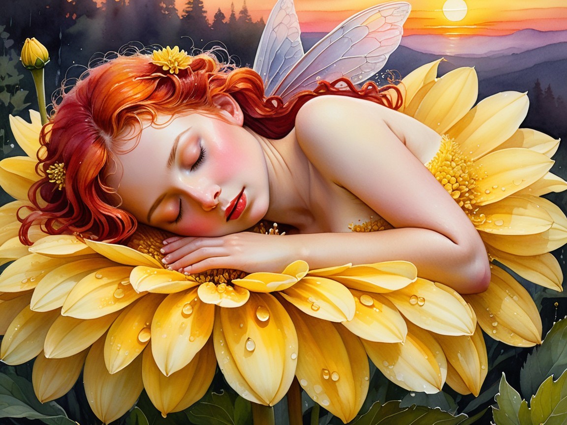 Young girl resting on sunflower at sunset scene