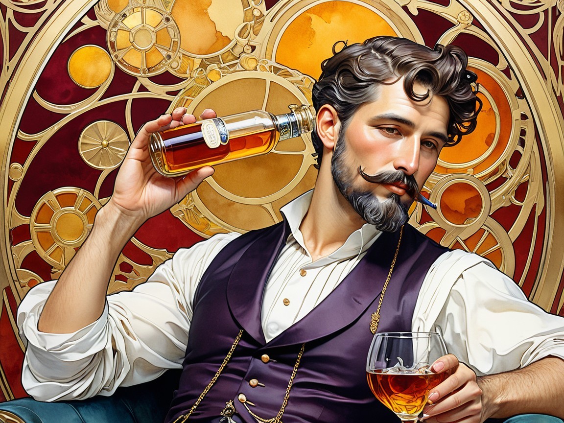 Stylish Man with Whiskey in Steampunk Setting