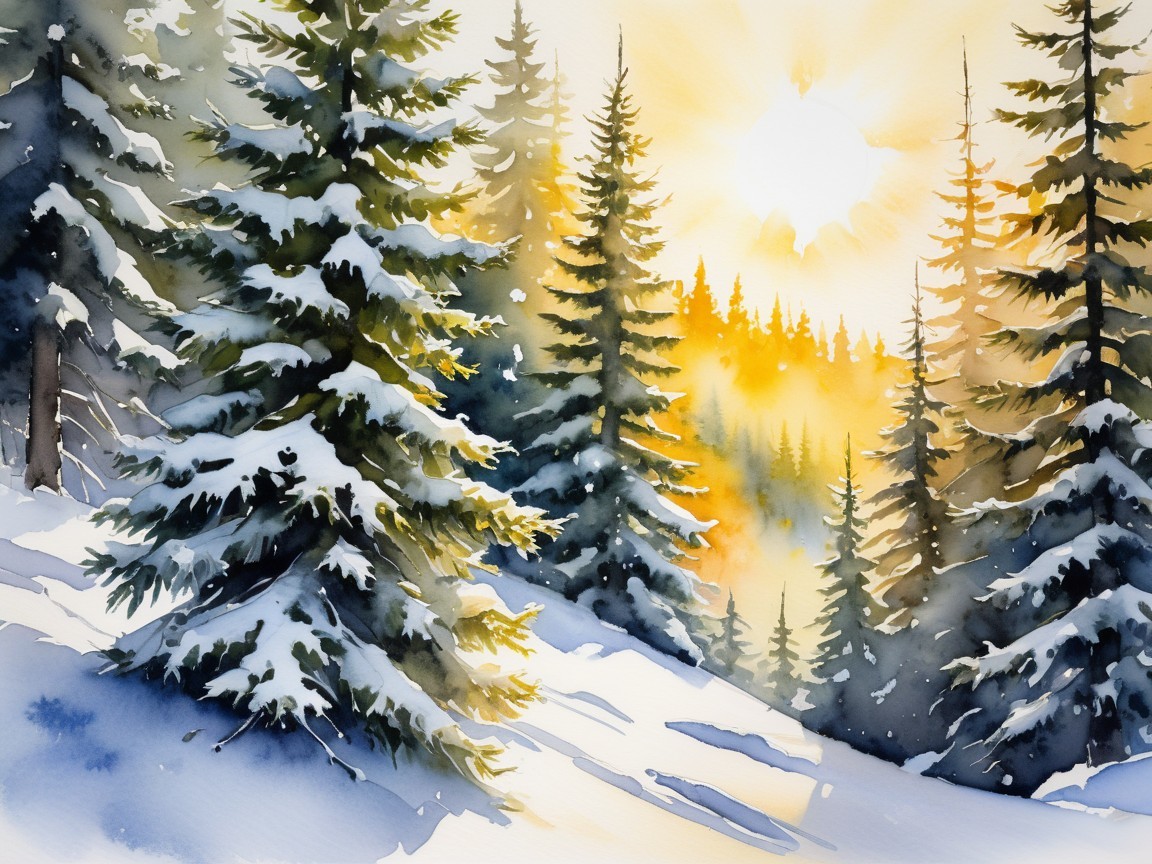 Serene winter landscape with snow-dusted evergreens