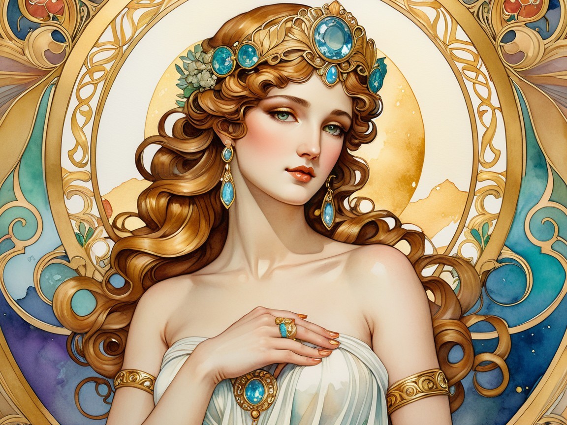 Serene Woman in Ornate Jewelry Against Vibrant Background