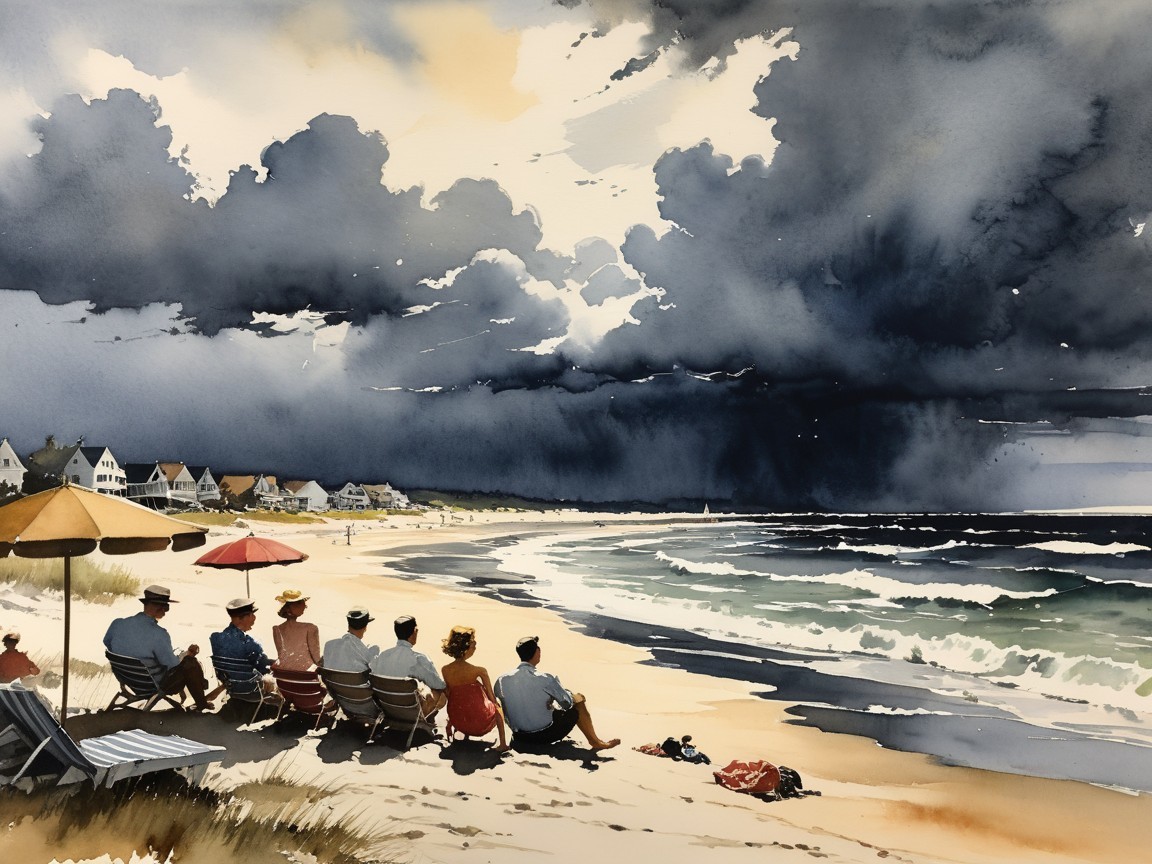 Watercolor Beach Scene with People and Dramatic Sky