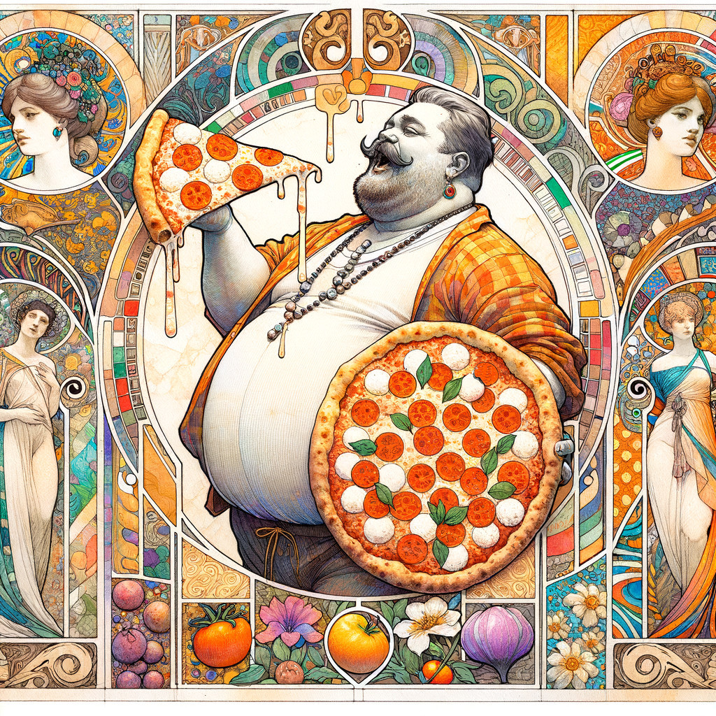 Portly man with pizza in vibrant Art Nouveau setting