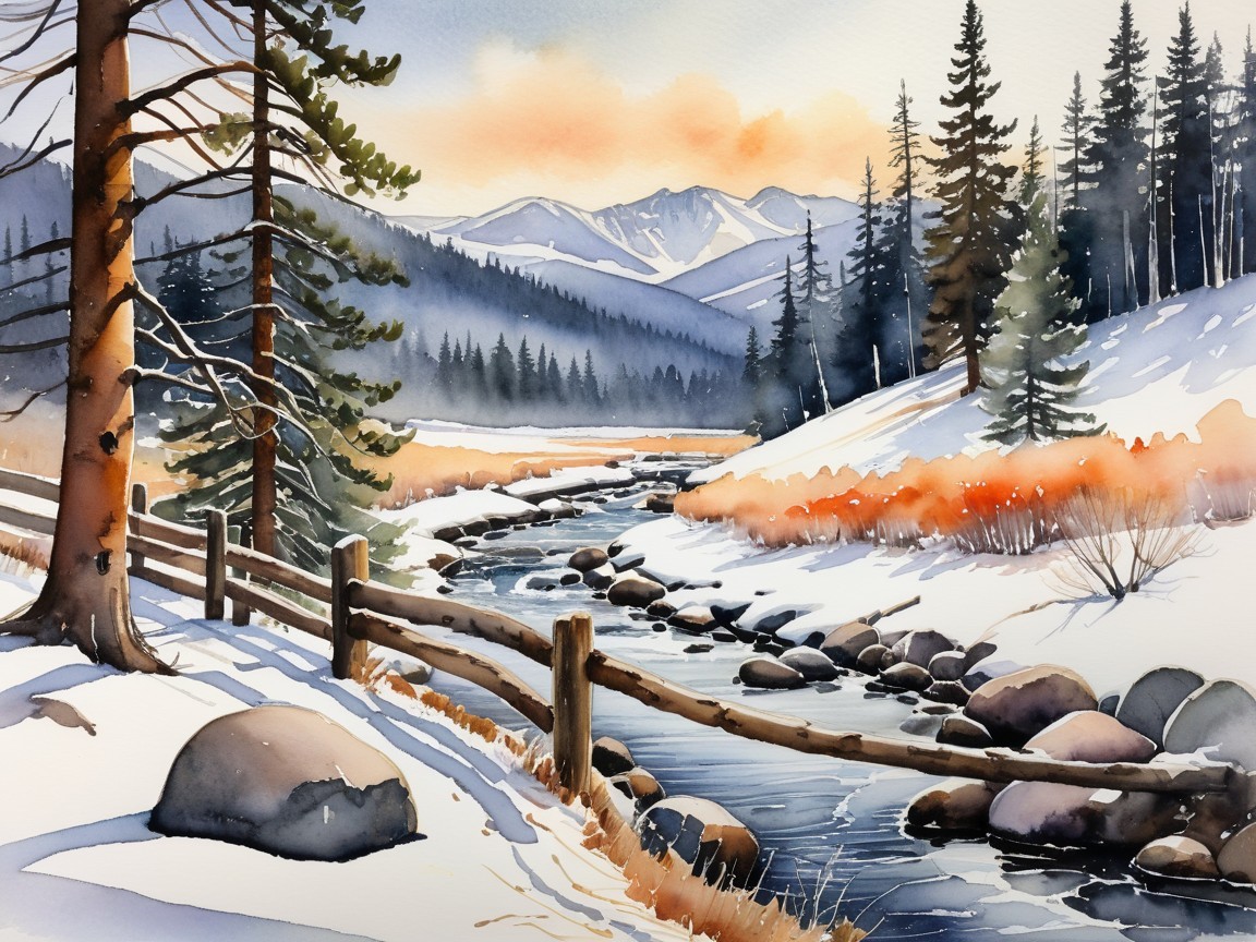 Winter Landscape with River and Evergreen Trees