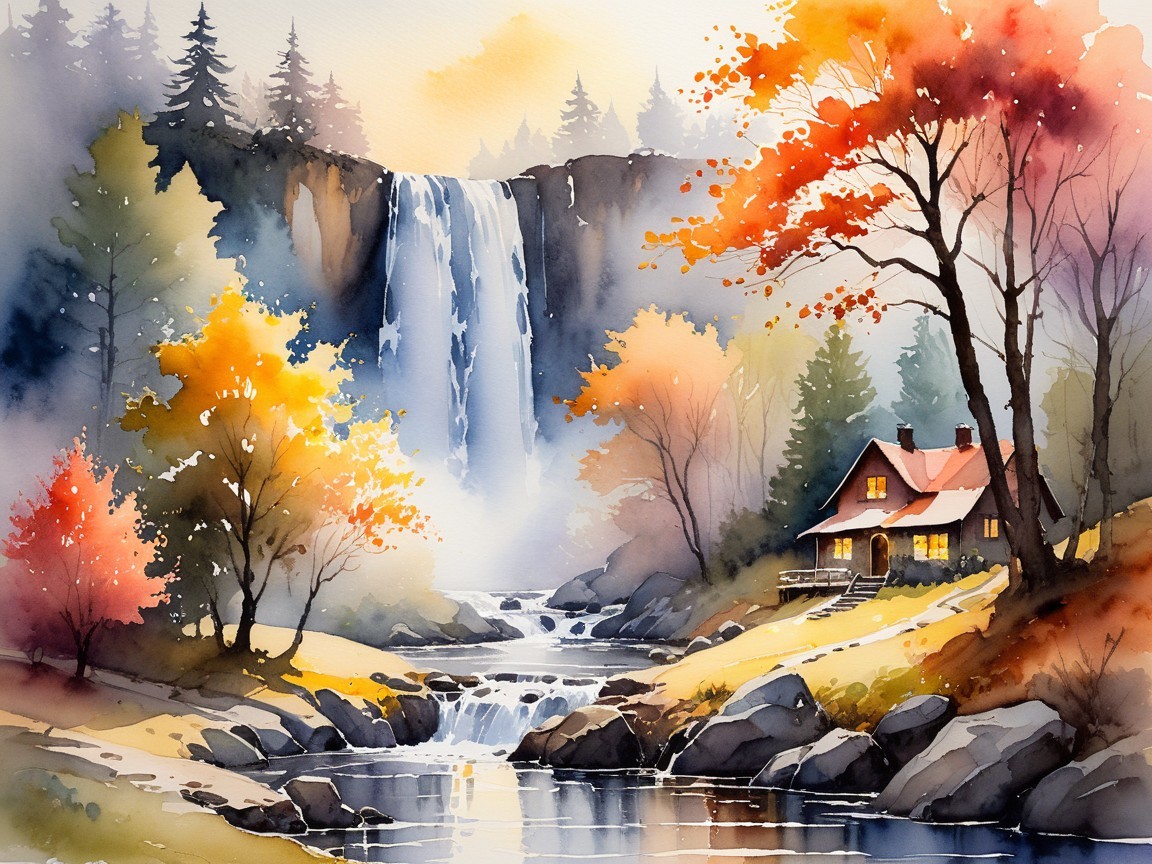Autumn Landscape with Waterfall and Cozy Cottage