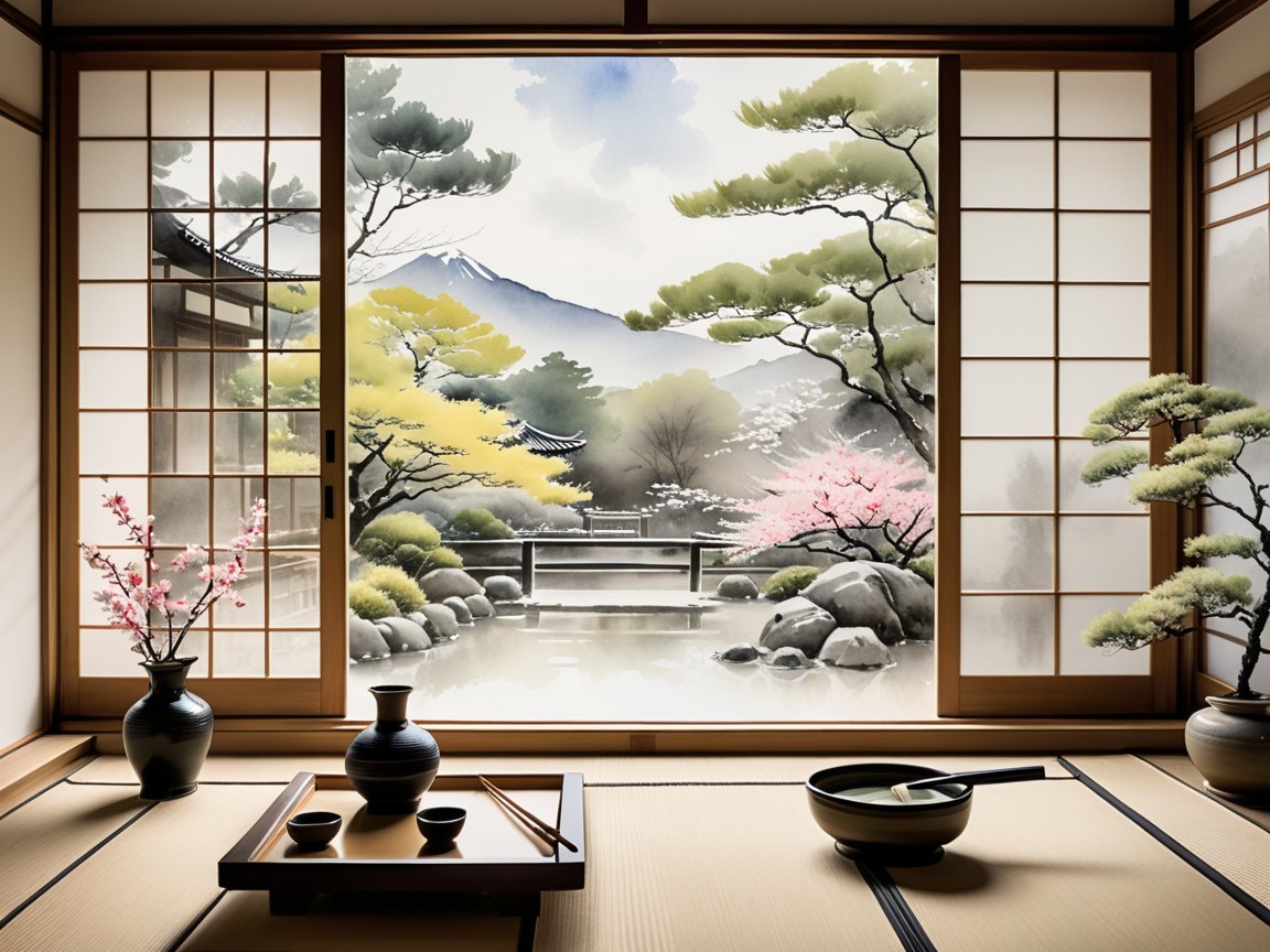 Serene Japanese Interior with Garden and Traditional Elements