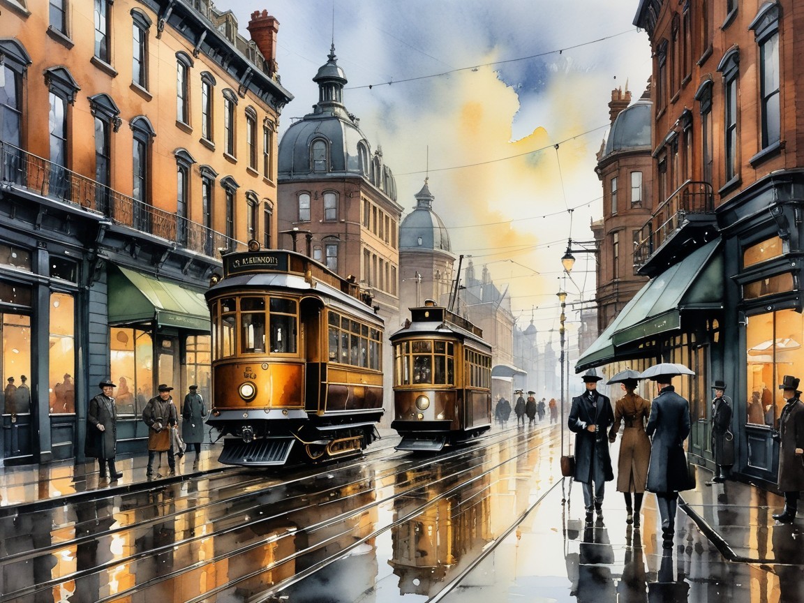 Vintage Trams on Cobblestone Street with Elegant Architecture