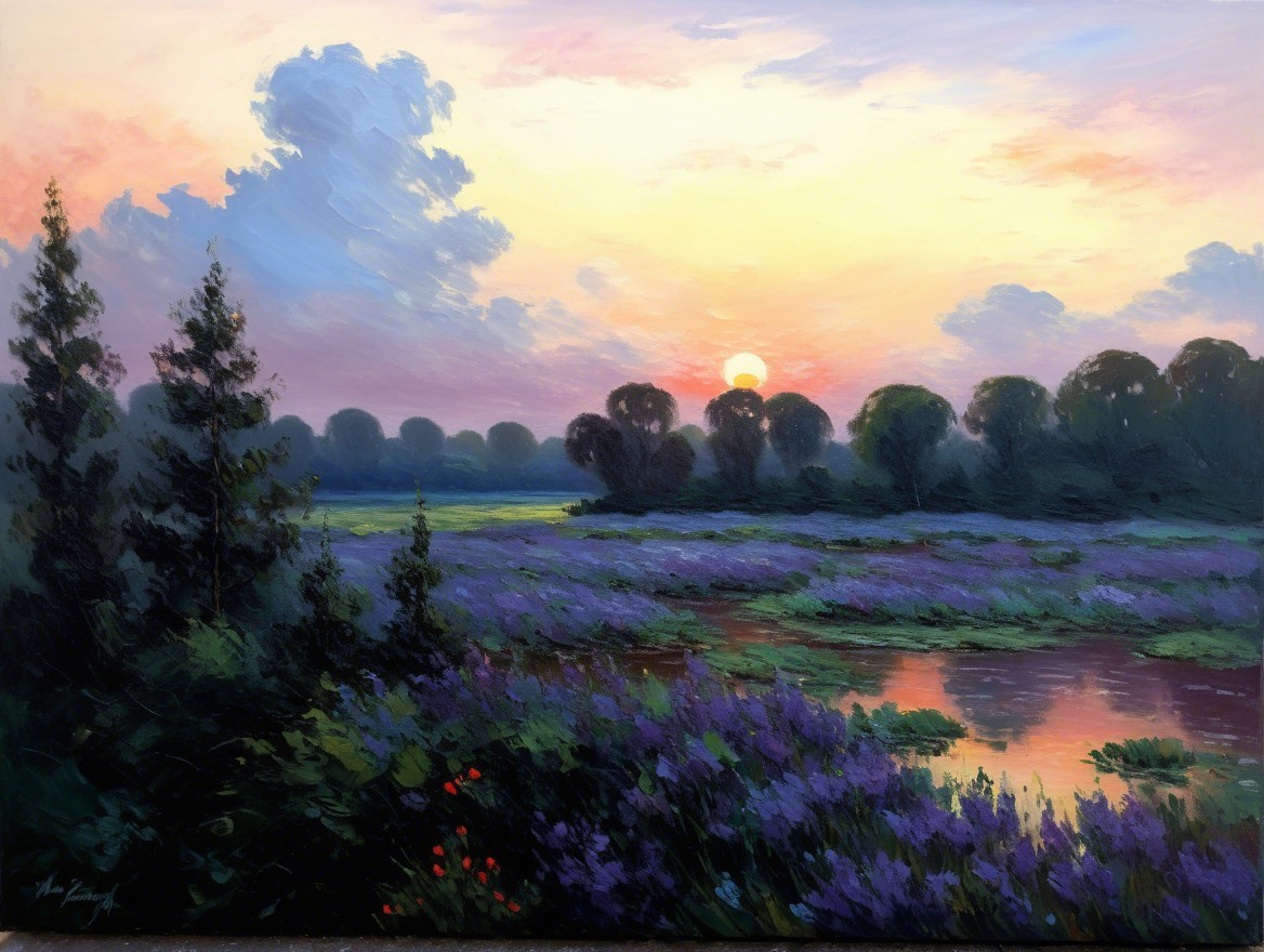 Tranquil Sunset Over Lush Riverbank Landscape