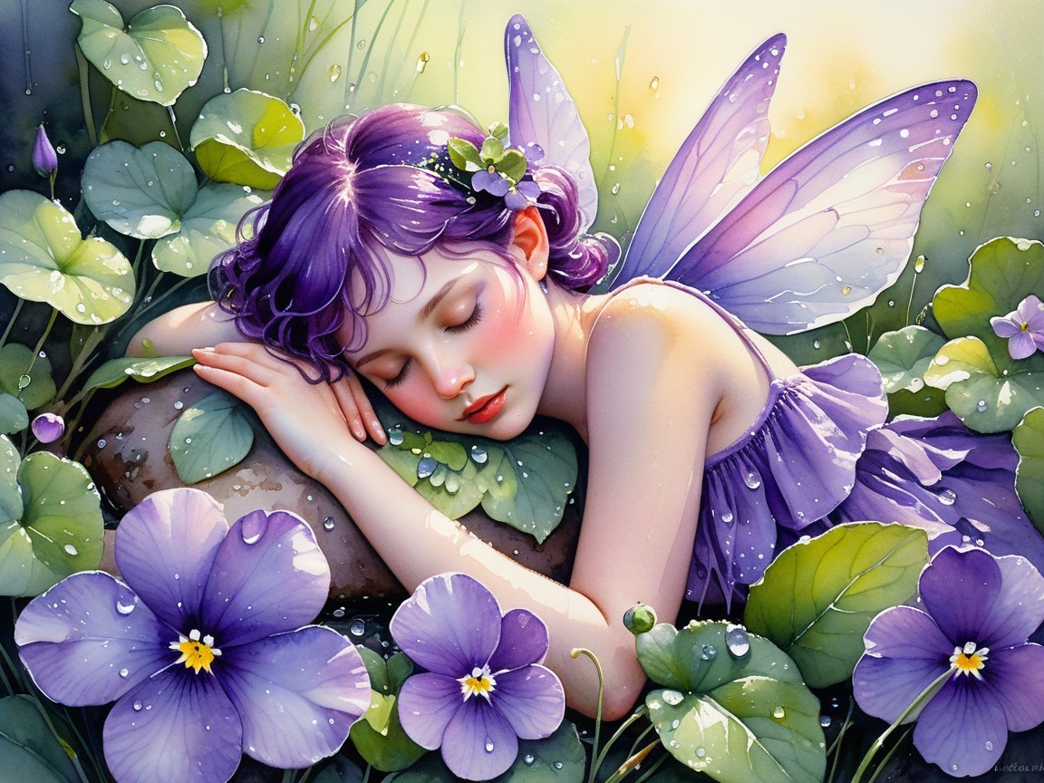 Serene Fairy with Purple Wings Among Green Leaves