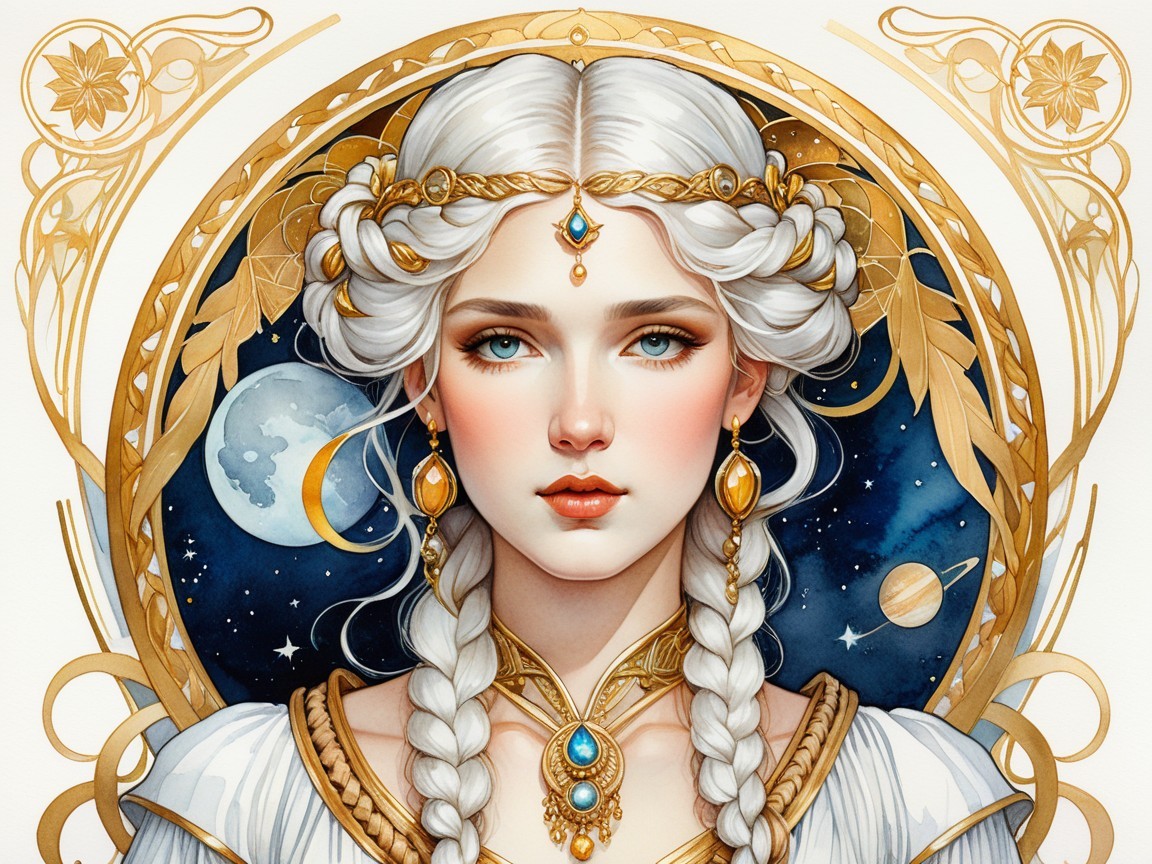 Young woman with silver hair in cosmic setting