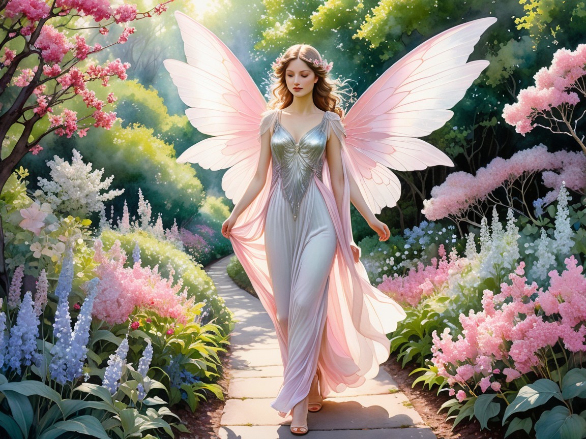 Fairy with Pink Wings in a Vibrant Garden Setting