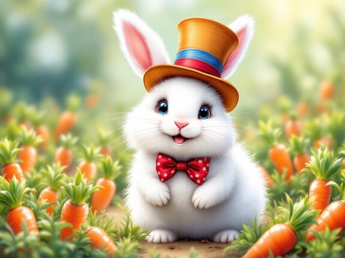 Fluffy White Rabbit in Colorful Carrot Patch Scene