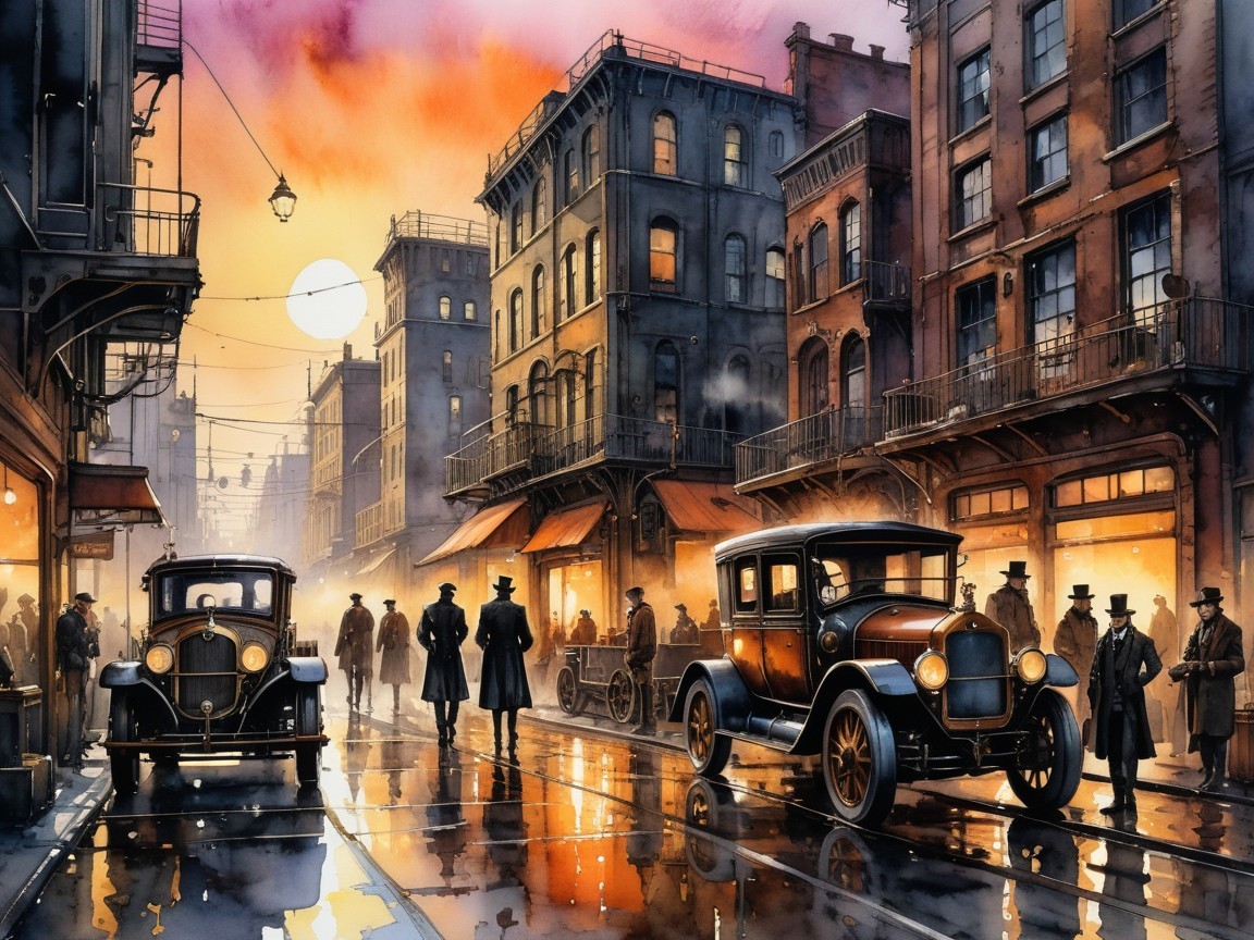 Historic City Street at Dusk with Vintage Cars