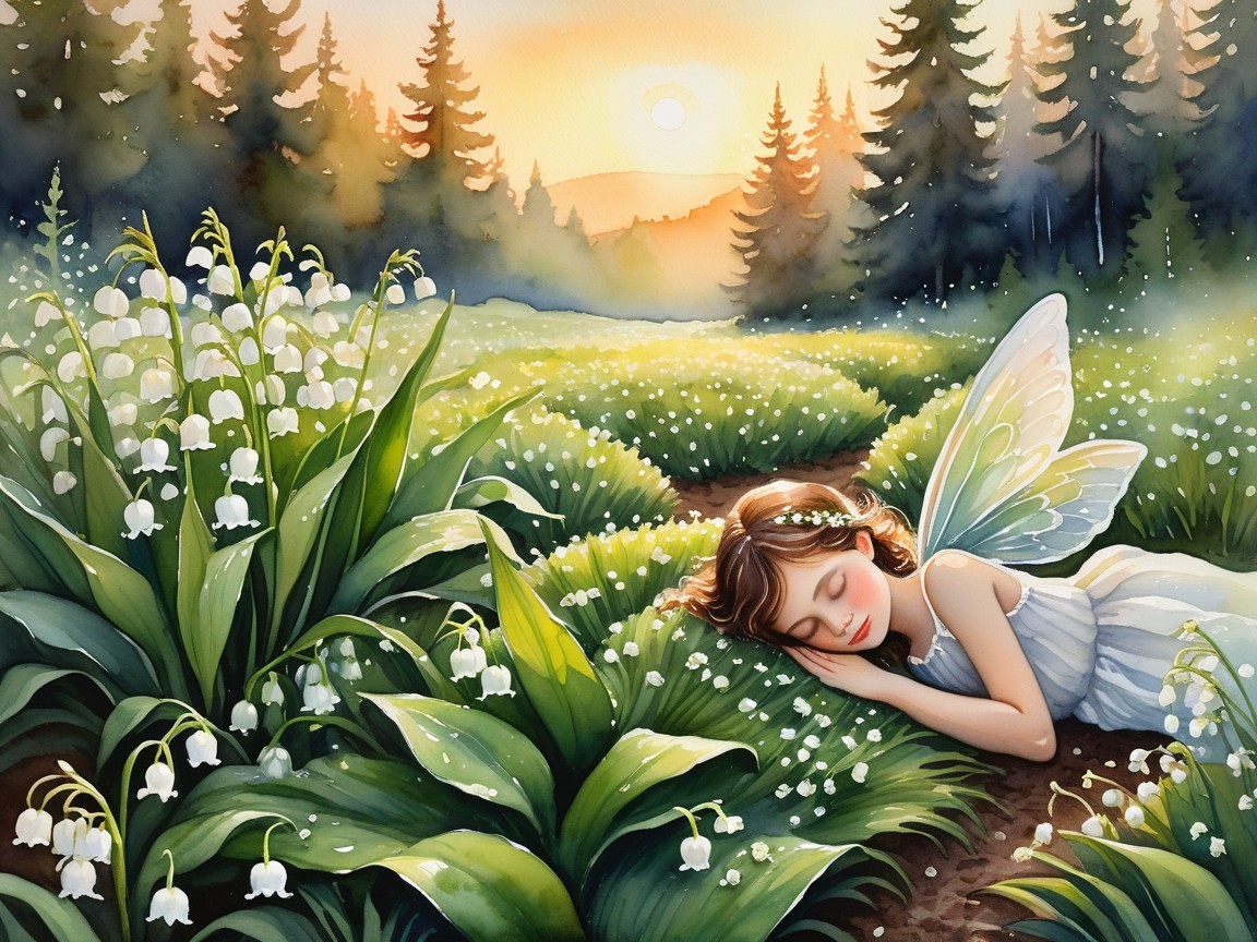 Young fairy resting in a sunlit meadow with lilies