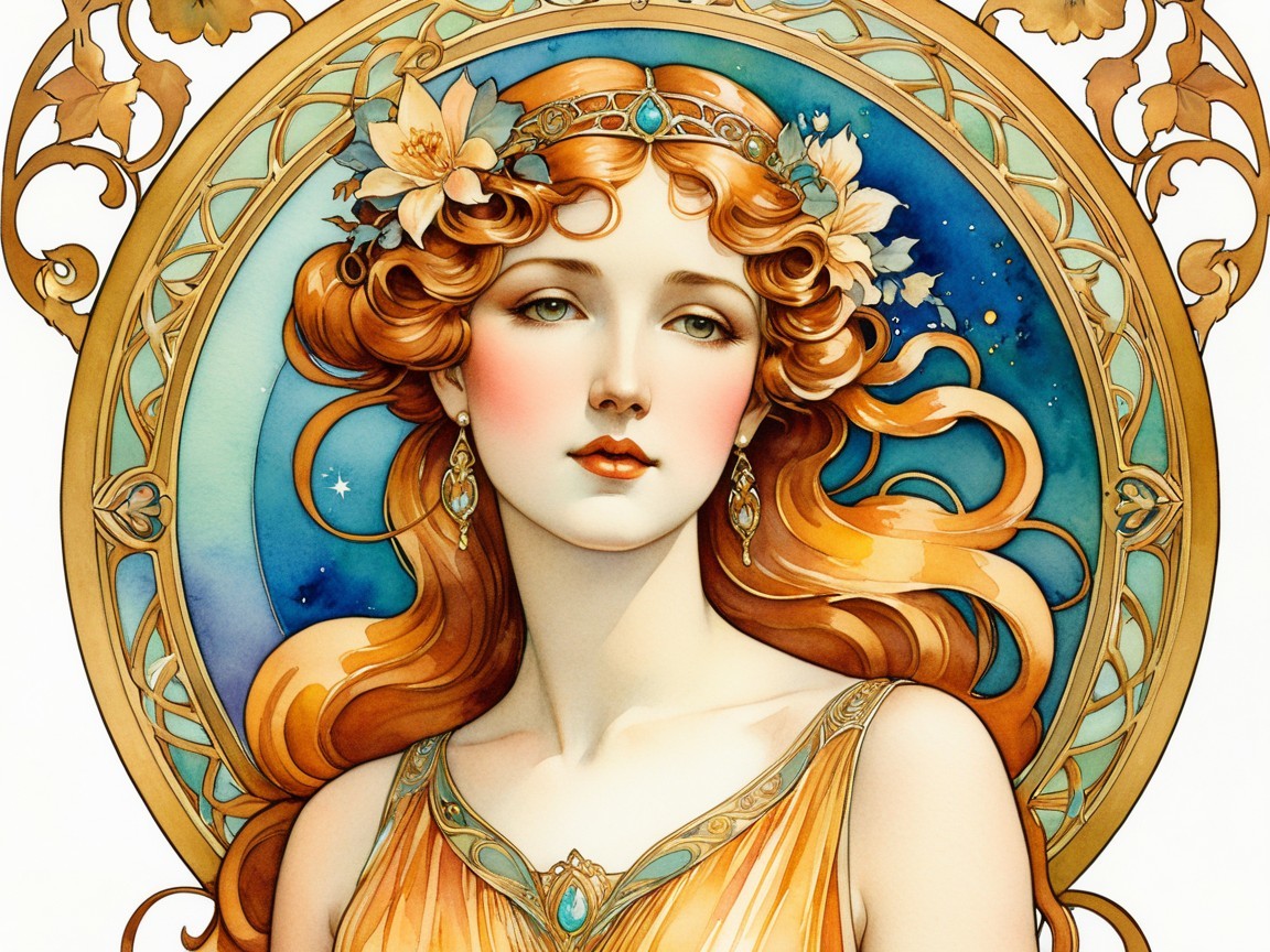 Illustration of a woman with auburn hair and flowers