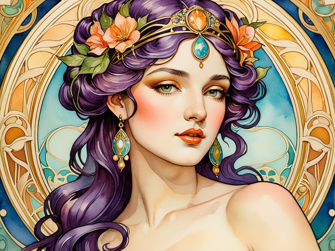 Woman with Purple Hair in Art Nouveau Style