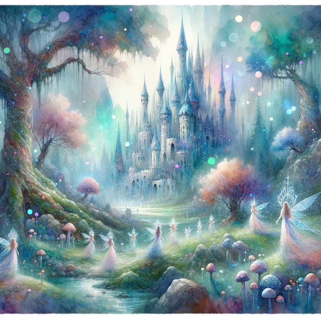 Whimsical Fantasy Landscape with Castle and Fairies