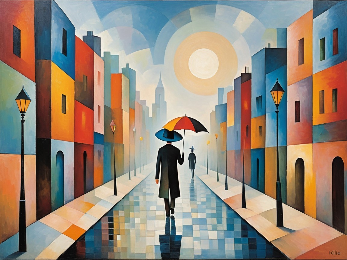 Abstract Cityscape with Figures and Red Umbrella