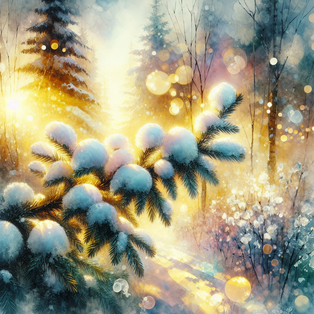 Serene Winter Landscape with Sunlit Misty Forest