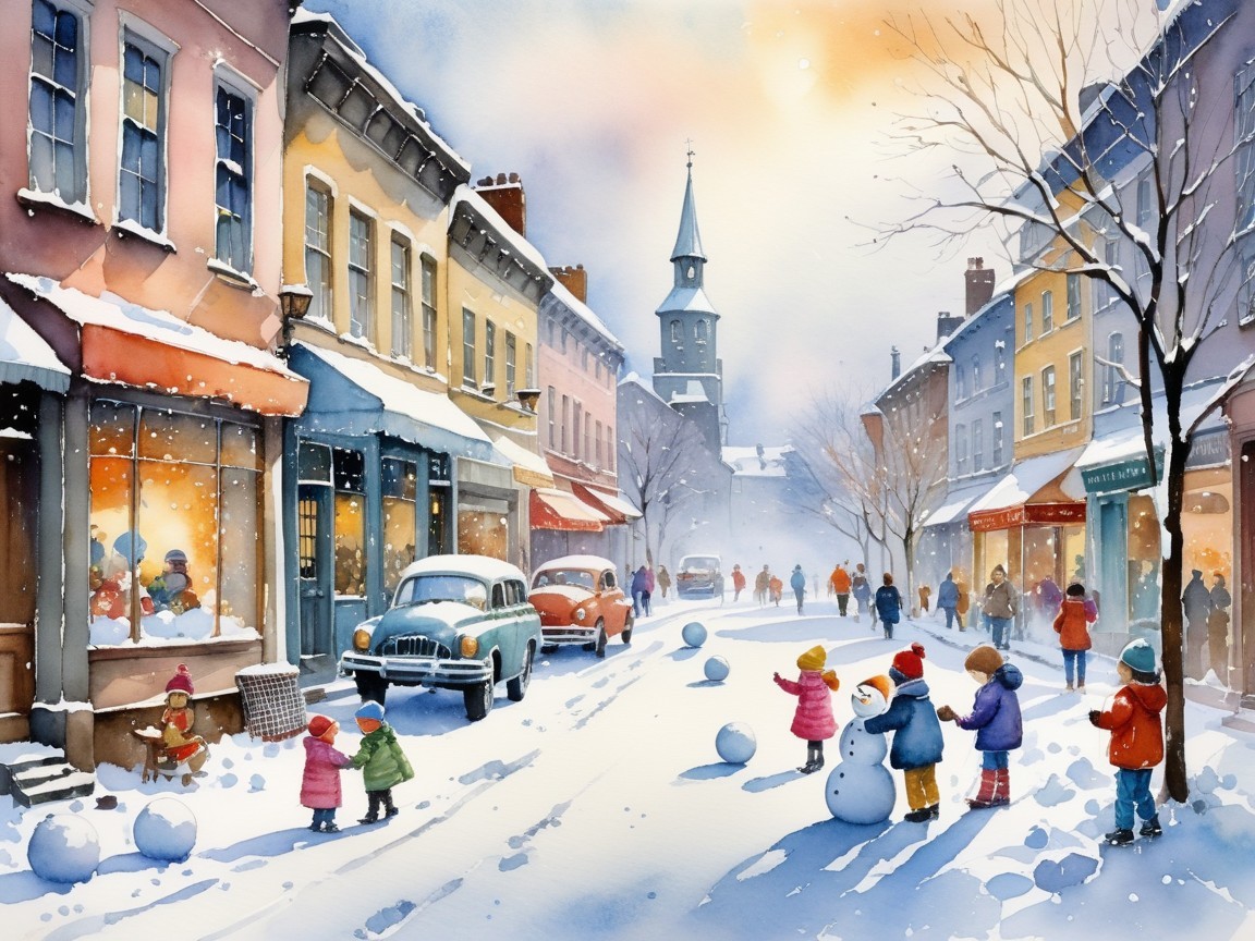 Charming Winter Scene of a Snowy Quaint Street