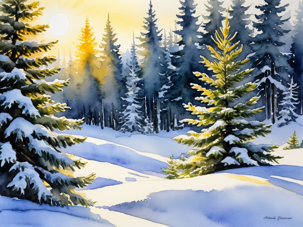 Serene winter landscape with snow-dusted evergreens