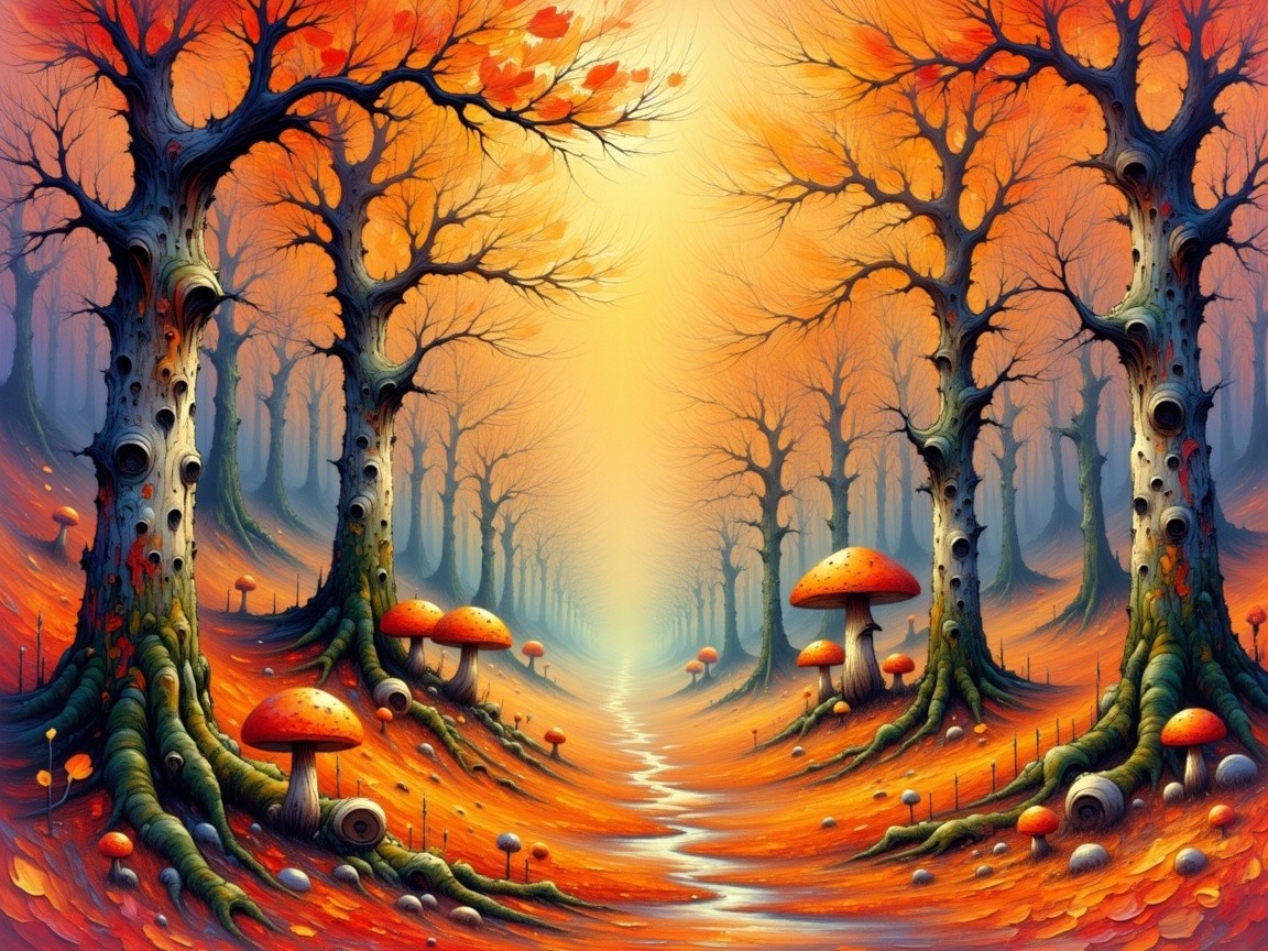 Mystical Forest Scene with Autumn Hues and Mushrooms