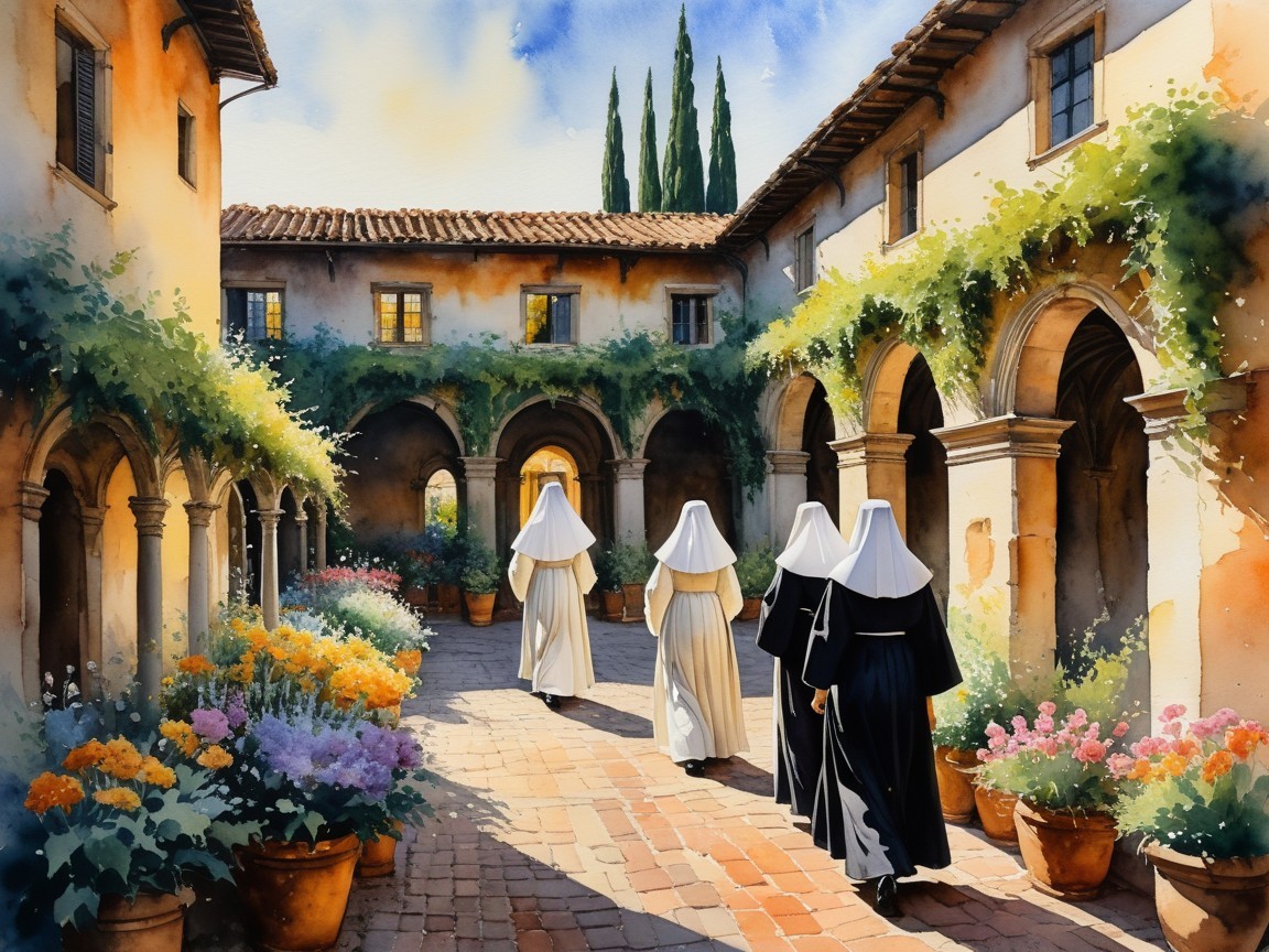 Serene Courtyard with Nuns and Vibrant Greenery