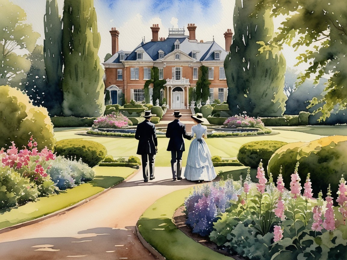 Picturesque Garden with Mansion and Elegant Figures