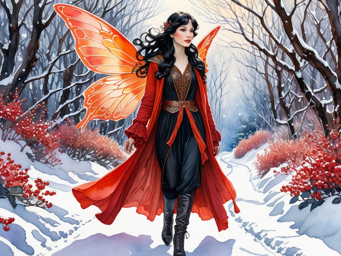 Mystical Figure in Red Coat in Winter Wonderland