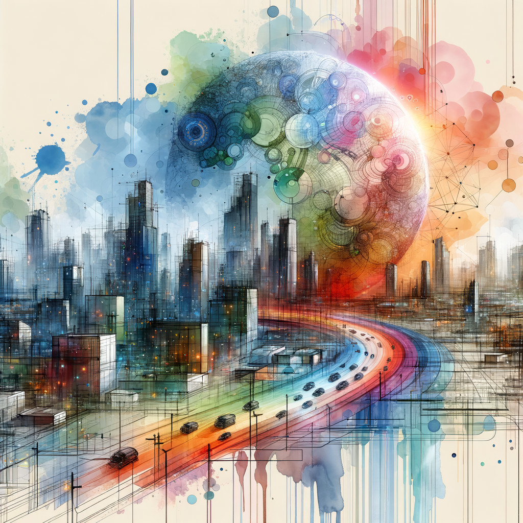 Abstract Cityscape with Colorful Planet Overhead