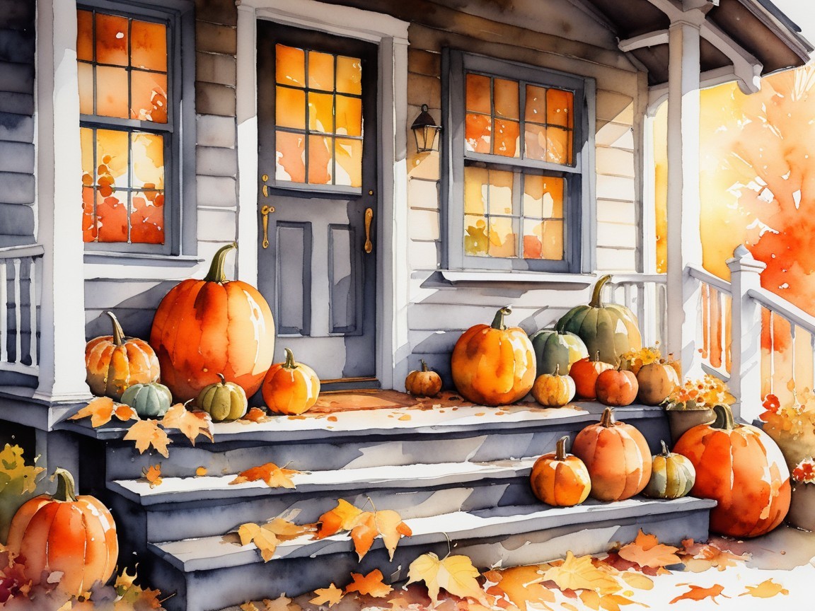Cozy Autumn House Scene with Vibrant Pumpkins