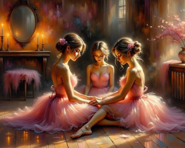 Ballerinas in Pink Tutus in a Candlelit Room