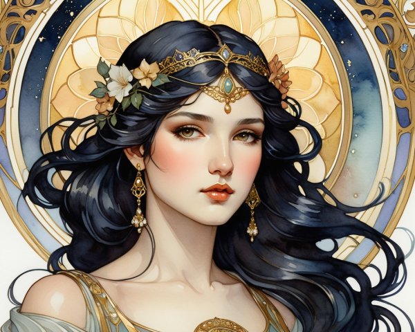Portrait of a woman with black hair and floral crown