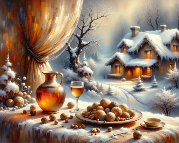 Cozy winter scene with a snow-covered cottage and table