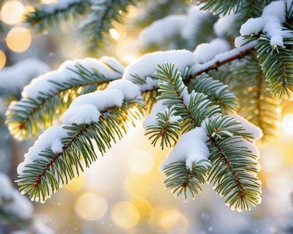 Evergreen Branches with Snow and Warm Background Lights