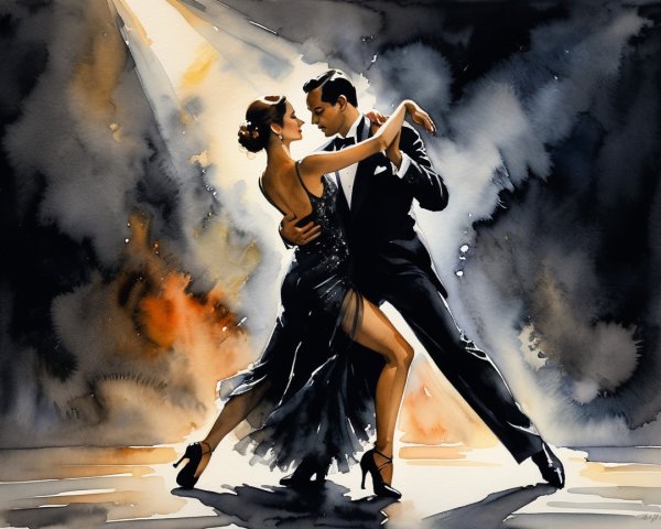 Watercolor Painting of a Couple Dancing the Tango
