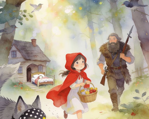 Watercolor Painting of Girl in Cloak in Forest Scene