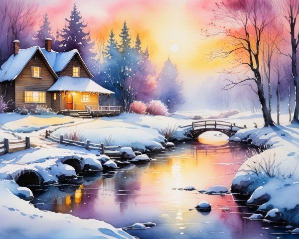 Cozy Wooden House in Serene Winter Landscape