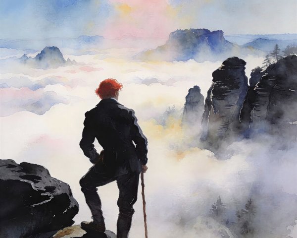 Watercolor of a Man on a Cliff at Sunrise