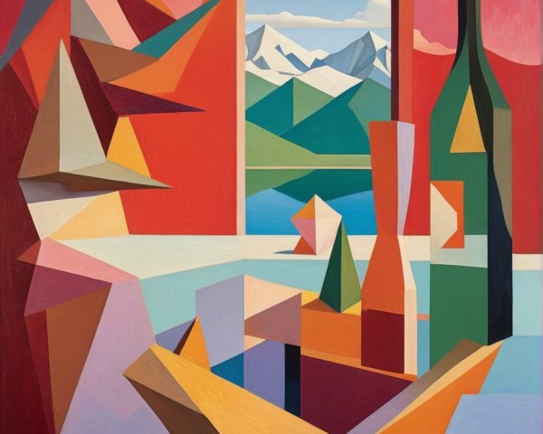 Vibrant Artwork with Geometric Shapes and Landscape