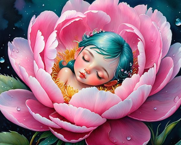 Child Sleeping in a Pink Peony with Water Droplets