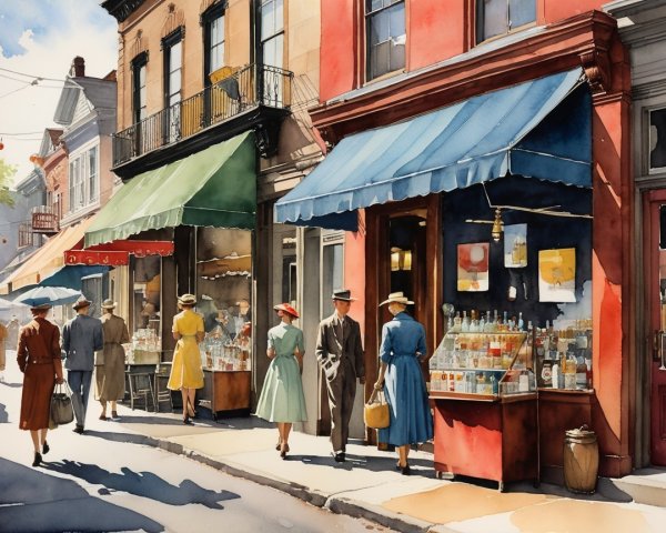 1940s Bustling Town Street Scene with Storefronts