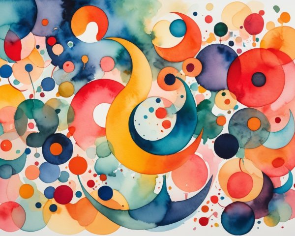 Vibrant Abstract Watercolor Composition with Swirls and Circles