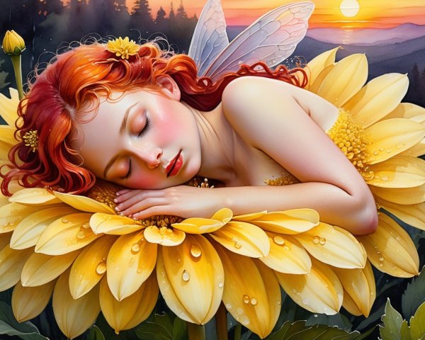 Young girl resting on sunflower at sunset scene