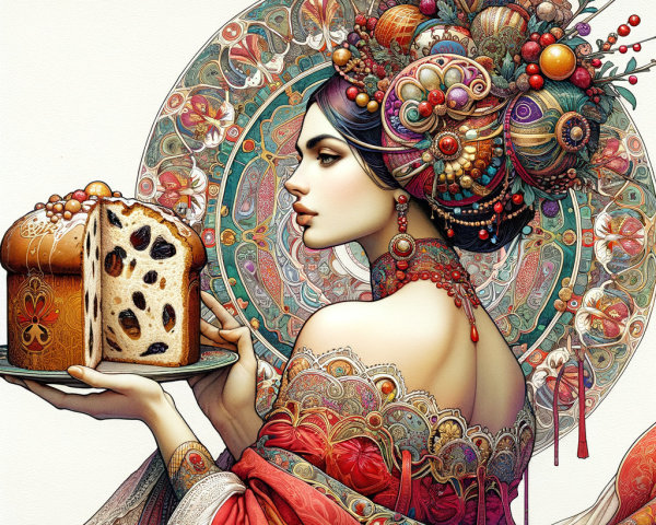 Elegant Woman with Decorative Cake and Vibrant Attire