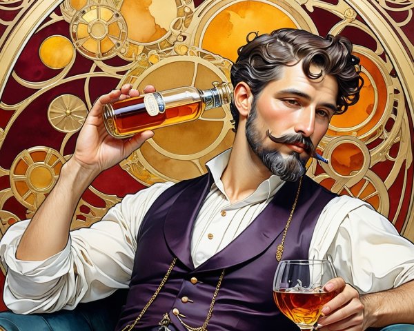Stylish Man with Whiskey in Steampunk Setting