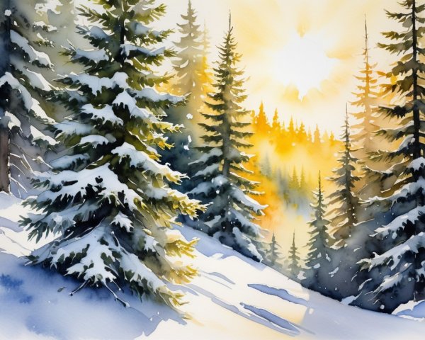 Serene winter landscape with snow-dusted evergreens