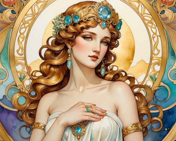 Serene Woman in Ornate Jewelry Against Vibrant Background
